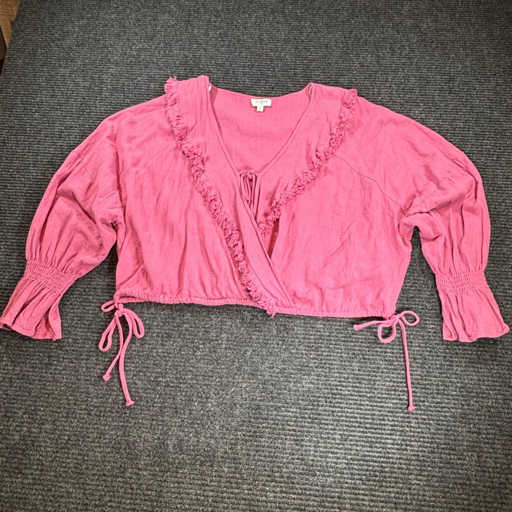 Umgee USA Pink Linen Blend Fringed Wrap Cropped Top C2236 Womens Large